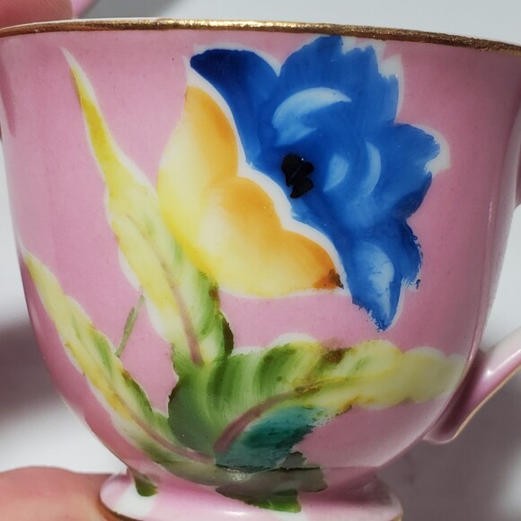 Chugai Demitasse Cup and Saucer Small Pink Blue Flowers - Picture 3 of 10